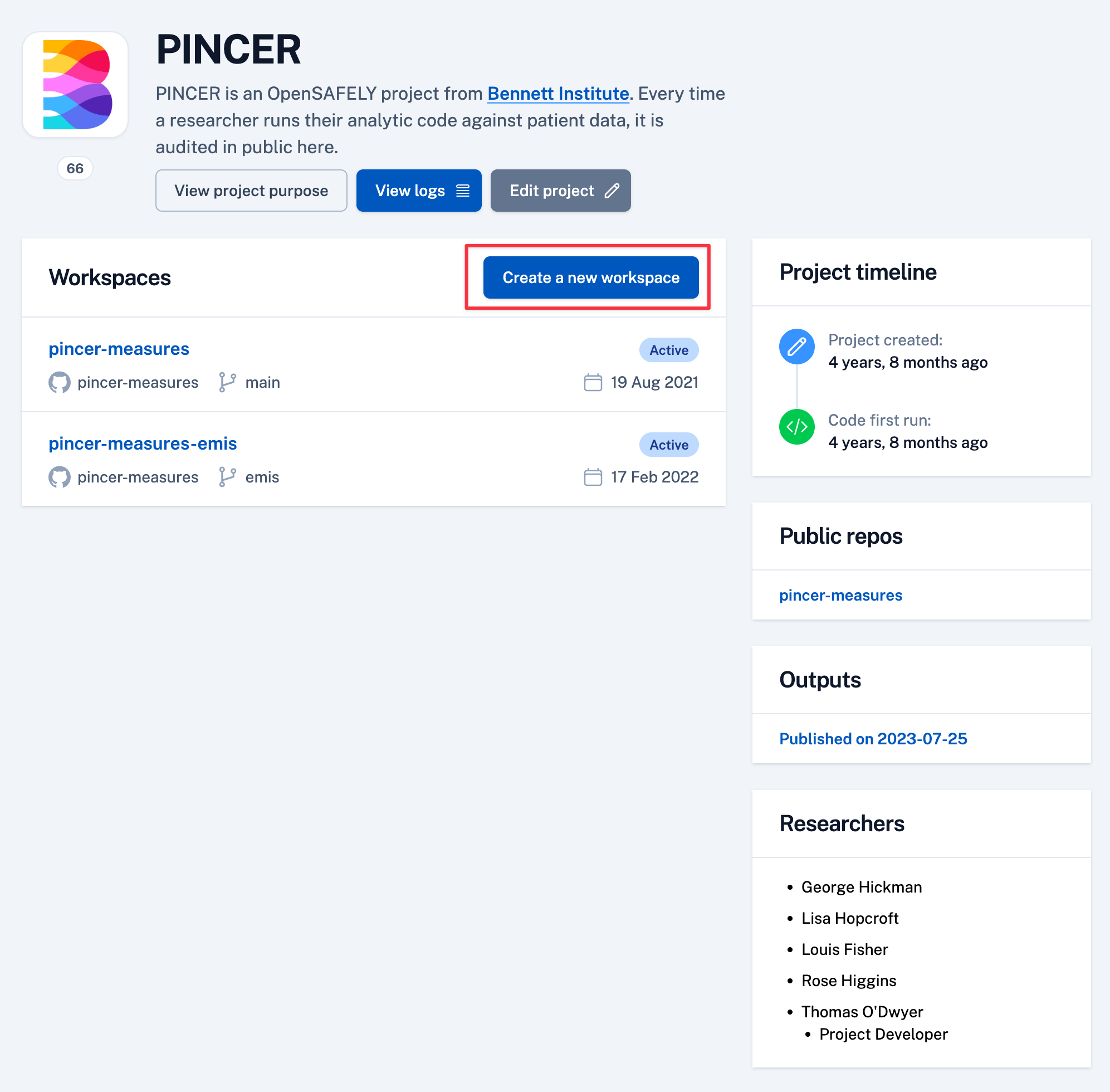 Create a new workspace button on the project page